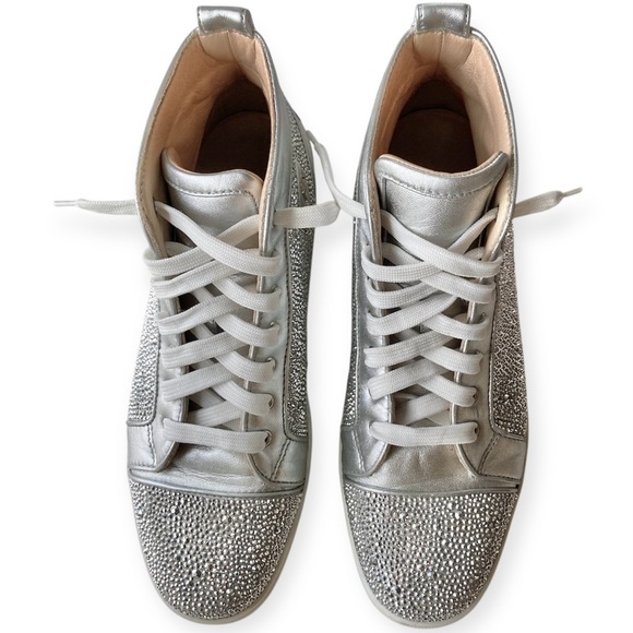 Mens Christian Louboutin Louis High Top Sneakers Silver Metallic Crystal Size 45 - Picture 5 of 12
